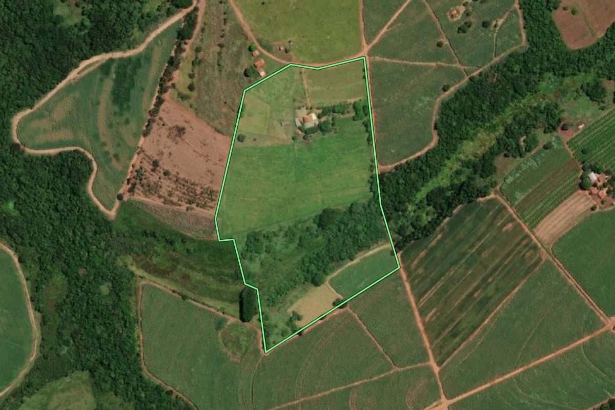 Imagem de satélite do imóvel rural em Pirangi (SP), com o contorno declarado no CAR desenhado por cima.