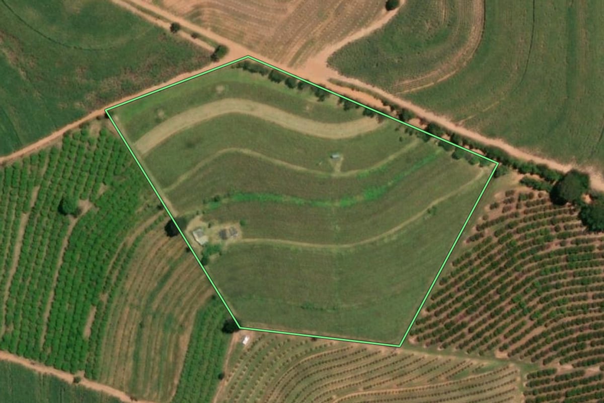 Imagem de satélite do imóvel rural em Pirangi (SP), com o contorno declarado no CAR desenhado por cima.