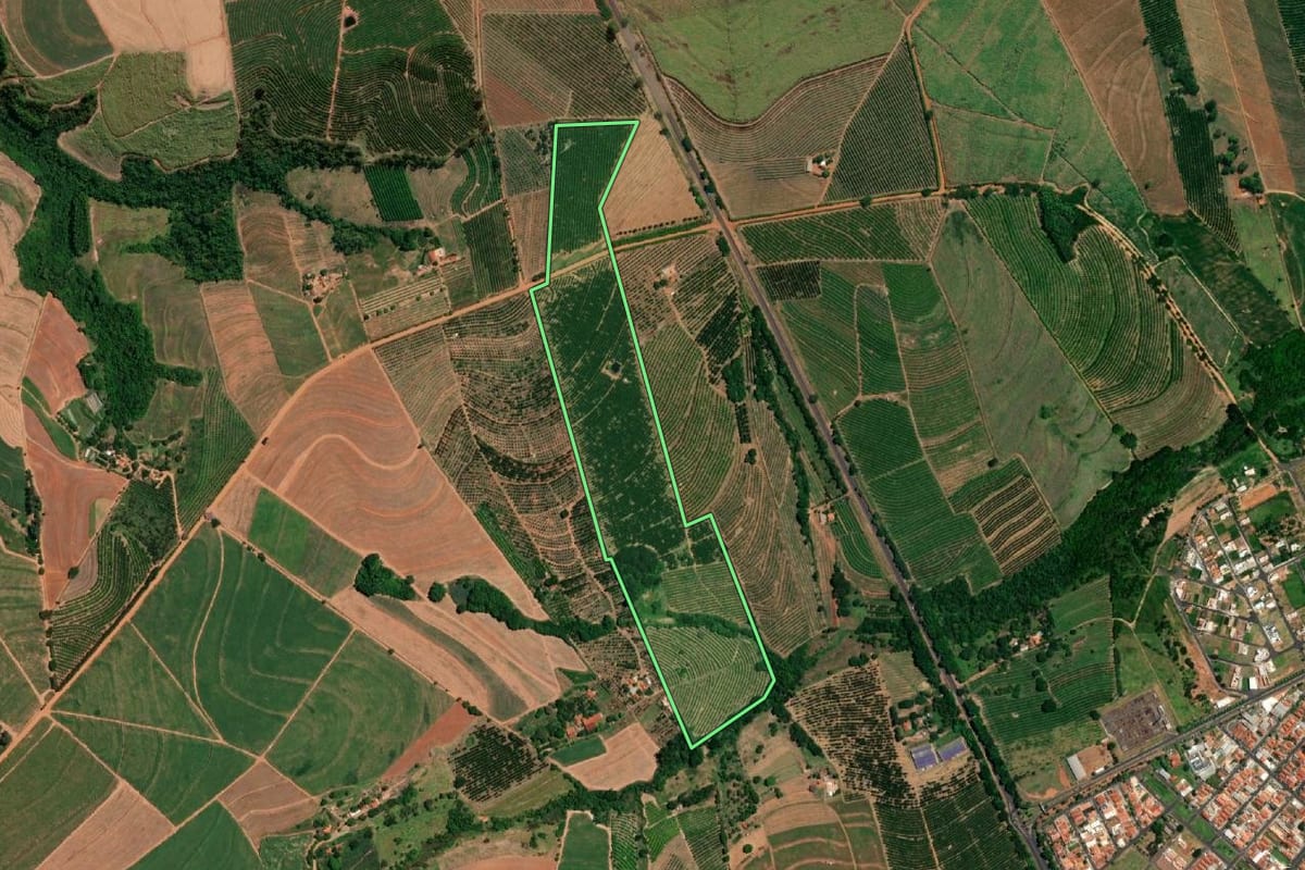Imagem de satélite do imóvel rural em Pirangi (SP), com o contorno declarado no CAR desenhado por cima.