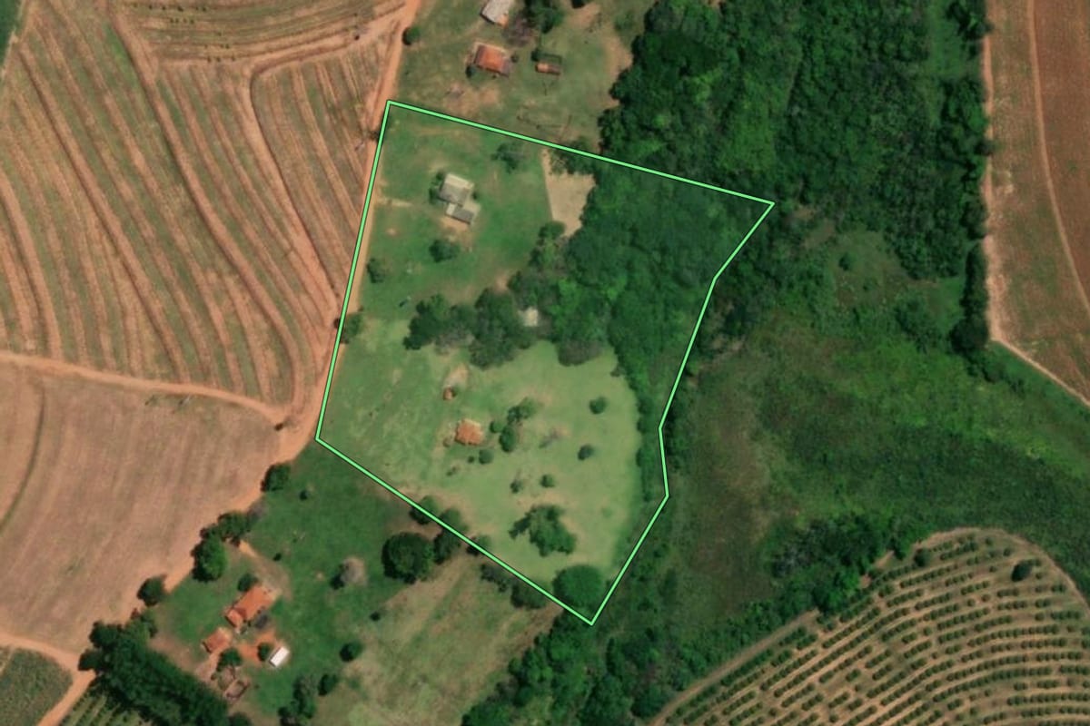 Imagem de satélite do imóvel rural em Pirangi (SP), com o contorno declarado no CAR desenhado por cima.