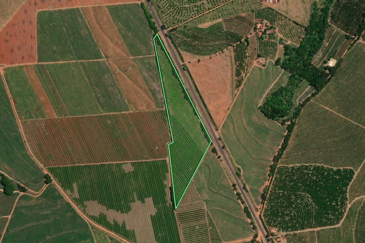 Imagem de satélite do imóvel rural em Pirangi (SP), com o contorno declarado no CAR desenhado por cima.