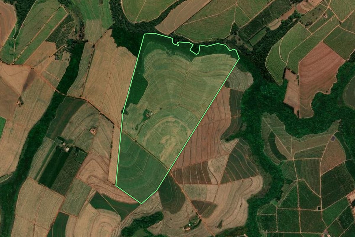 Imagem de satélite do imóvel rural em Pirangi (SP), com o contorno declarado no CAR desenhado por cima.
