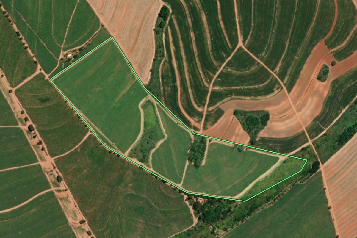 Imagem de satélite do imóvel rural em Pirangi (SP), com o contorno declarado no CAR desenhado por cima.