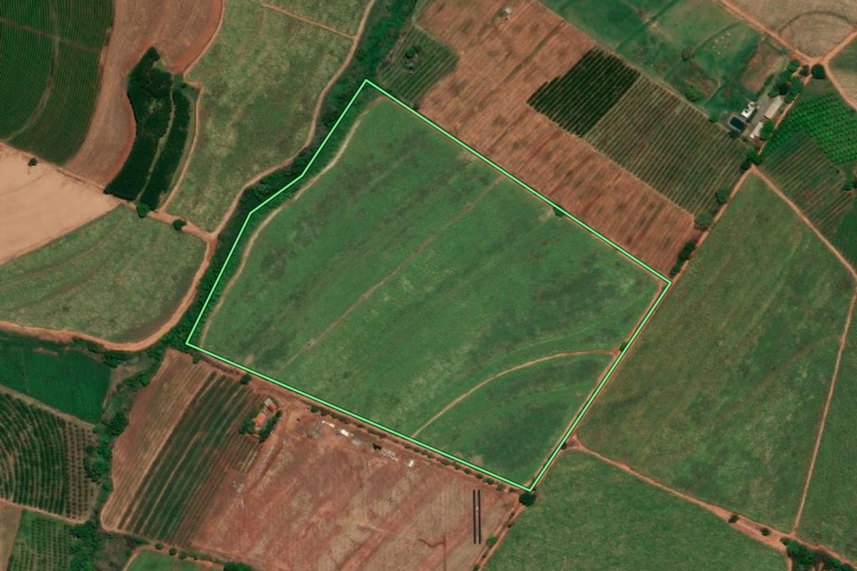 Imagem de satélite do imóvel rural em Pirangi (SP), com o contorno declarado no CAR desenhado por cima.