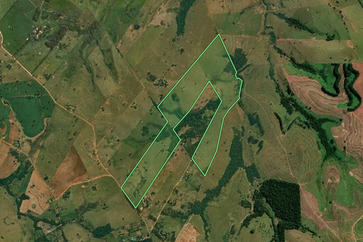 Imagem de satélite do imóvel rural em Pirapozinho (SP), com o contorno declarado no CAR desenhado por cima.