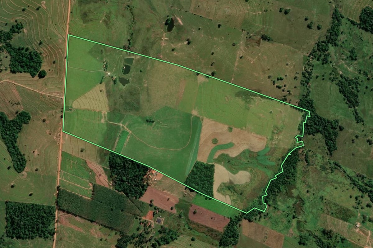 Imagem de satélite do imóvel rural em Pirapozinho (SP), com o contorno declarado no CAR desenhado por cima.