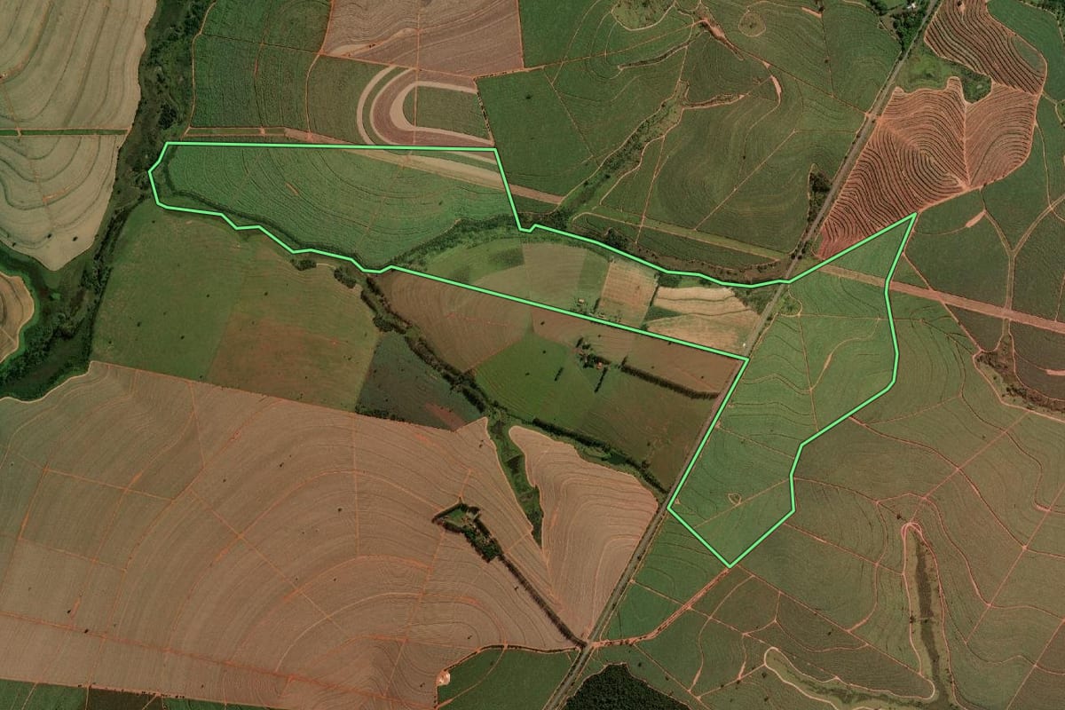 Imagem de satélite do imóvel rural em Pirapozinho (SP), com o contorno declarado no CAR desenhado por cima.