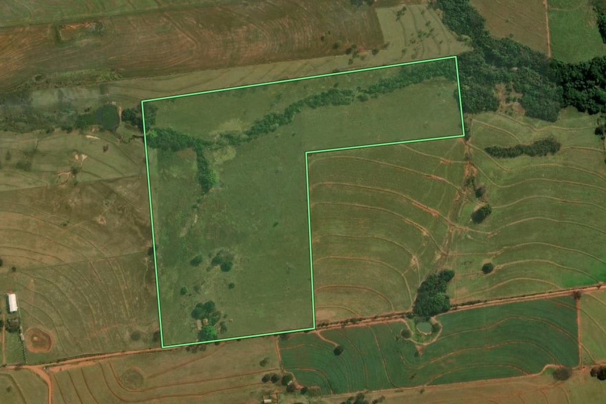 Imagem de satélite do imóvel rural em Pirapozinho (SP), com o contorno declarado no CAR desenhado por cima.
