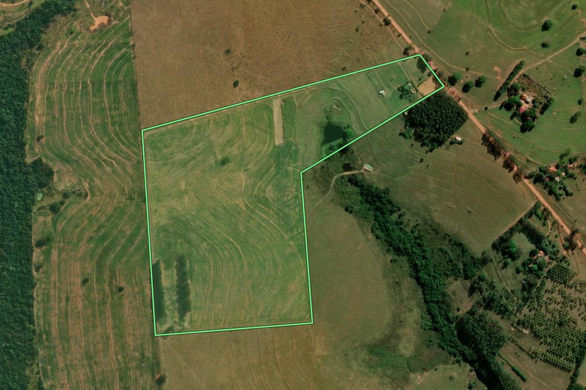 Imagem de satélite do imóvel rural em Pirapozinho (SP), com o contorno declarado no CAR desenhado por cima.