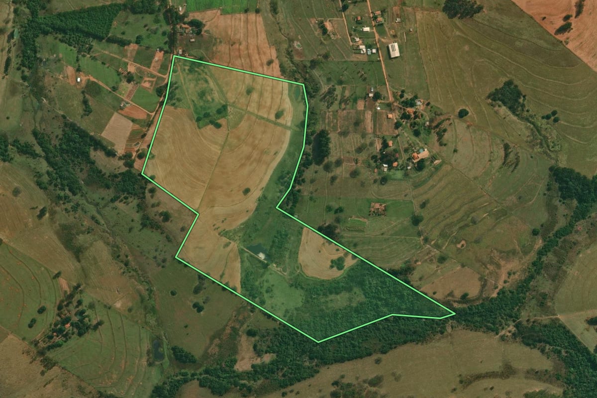 Imagem de satélite do imóvel rural em Pirapozinho (SP), com o contorno declarado no CAR desenhado por cima.