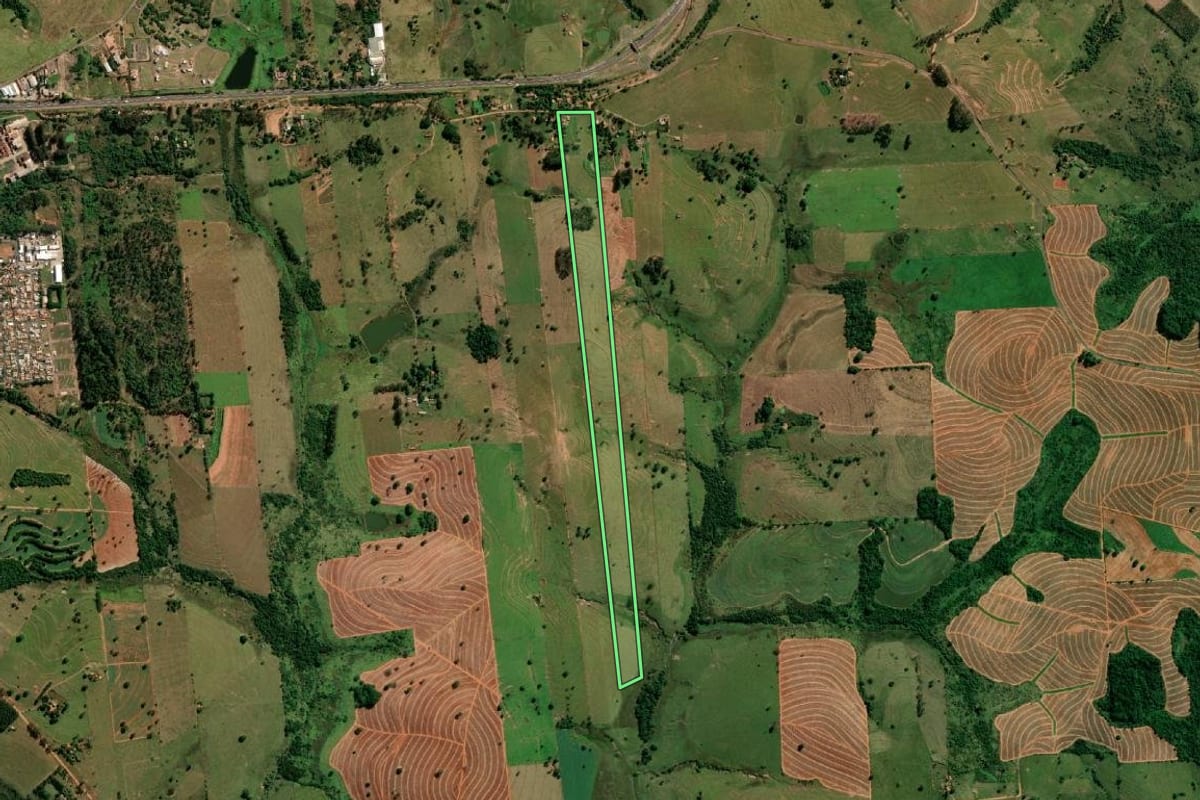 Imagem de satélite do imóvel rural em Pirapozinho (SP), com o contorno declarado no CAR desenhado por cima.
