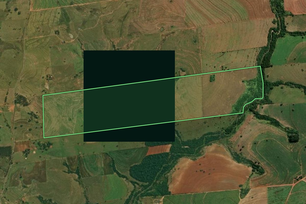 Imagem de satélite do imóvel rural em Pirapozinho (SP), com o contorno declarado no CAR desenhado por cima.