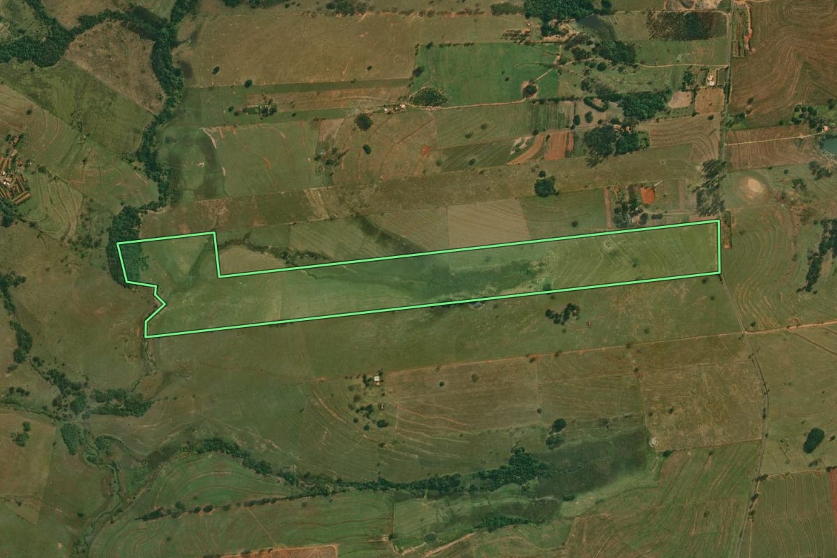 Imagem de satélite do imóvel rural em Pirapozinho (SP), com o contorno declarado no CAR desenhado por cima.