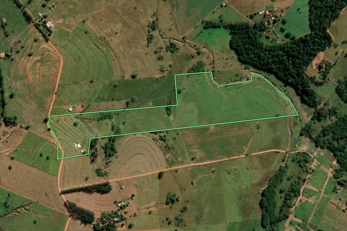 Imagem de satélite do imóvel rural em Pirapozinho (SP), com o contorno declarado no CAR desenhado por cima.