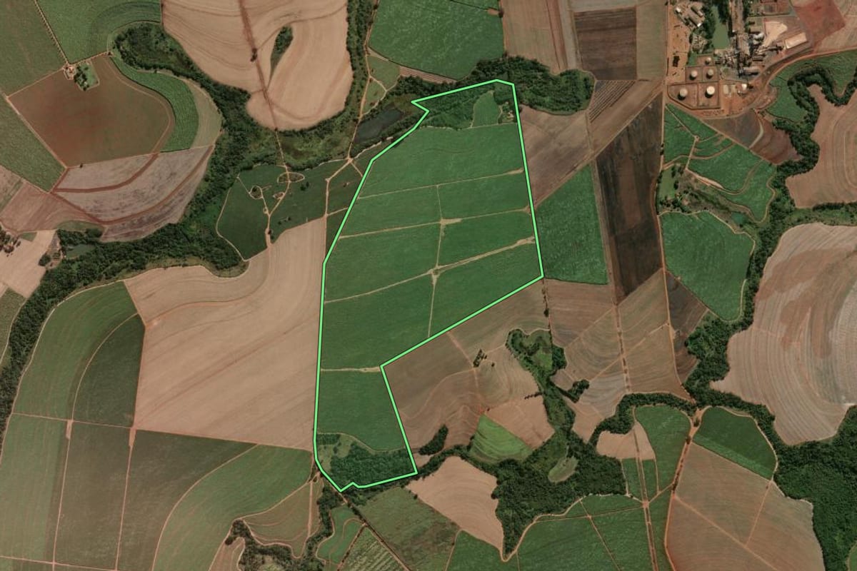 Imagem de satélite do imóvel rural em Pirassununga (SP), com o contorno declarado no CAR desenhado por cima.