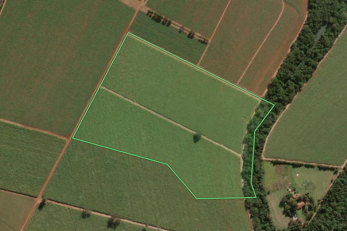 Imagem de satélite do imóvel rural em Pirassununga (SP), com o contorno declarado no CAR desenhado por cima.