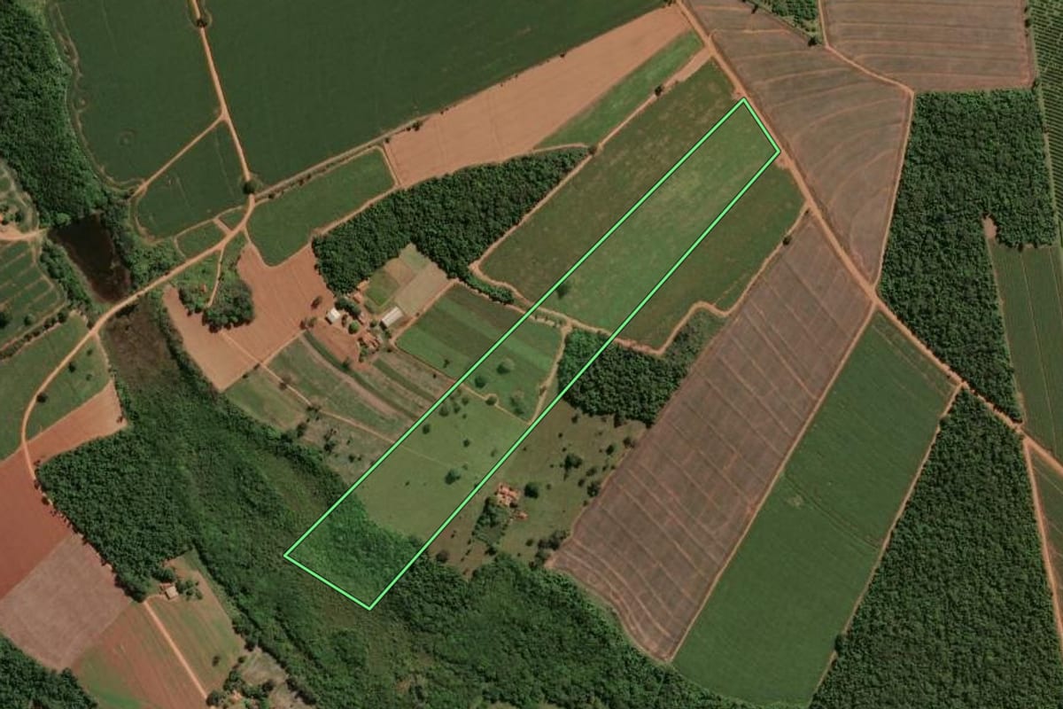 Imagem de satélite do imóvel rural em Pirassununga (SP), com o contorno declarado no CAR desenhado por cima.