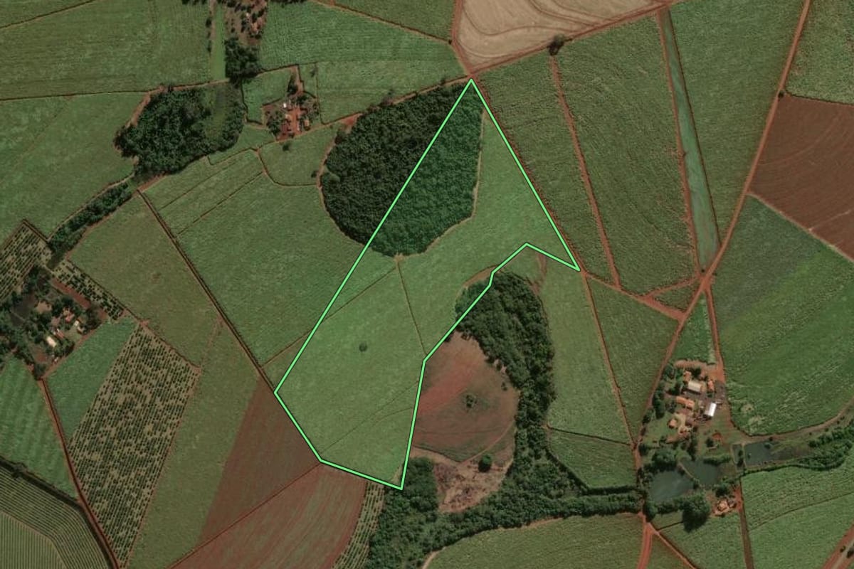Imagem de satélite do imóvel rural em Pirassununga (SP), com o contorno declarado no CAR desenhado por cima.