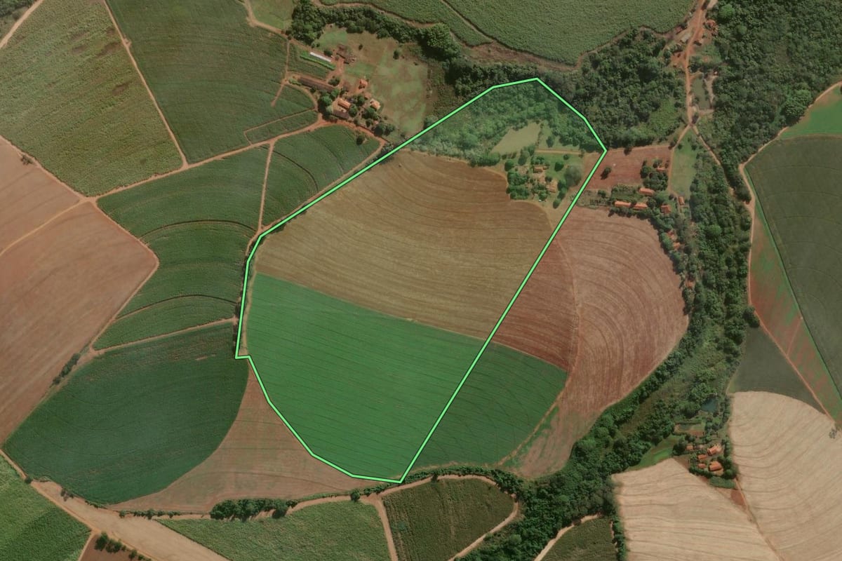 Imagem de satélite do imóvel rural em Pirassununga (SP), com o contorno declarado no CAR desenhado por cima.