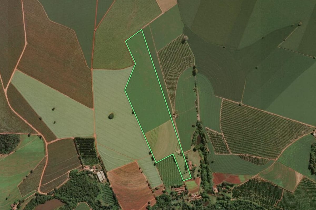 Imagem de satélite do imóvel rural em Pirassununga (SP), com o contorno declarado no CAR desenhado por cima.