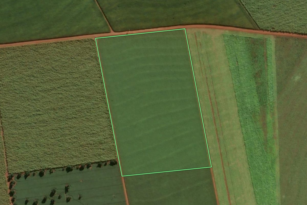 Imagem de satélite do imóvel rural em Pirassununga (SP), com o contorno declarado no CAR desenhado por cima.