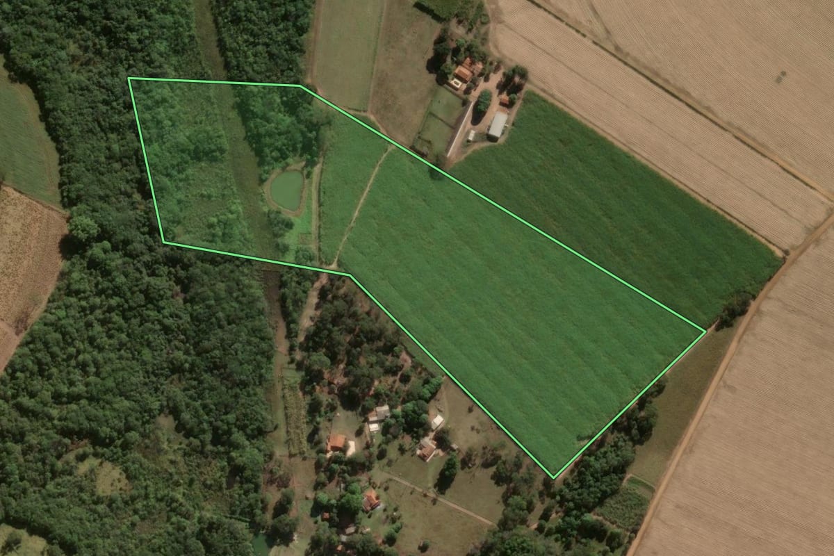 Imagem de satélite do imóvel rural em Pirassununga (SP), com o contorno declarado no CAR desenhado por cima.