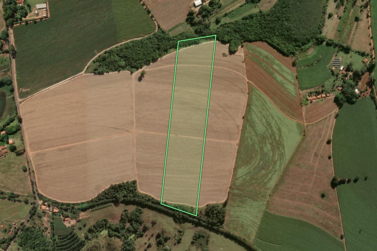 Imagem de satélite do imóvel rural em Pirassununga (SP), com o contorno declarado no CAR desenhado por cima.