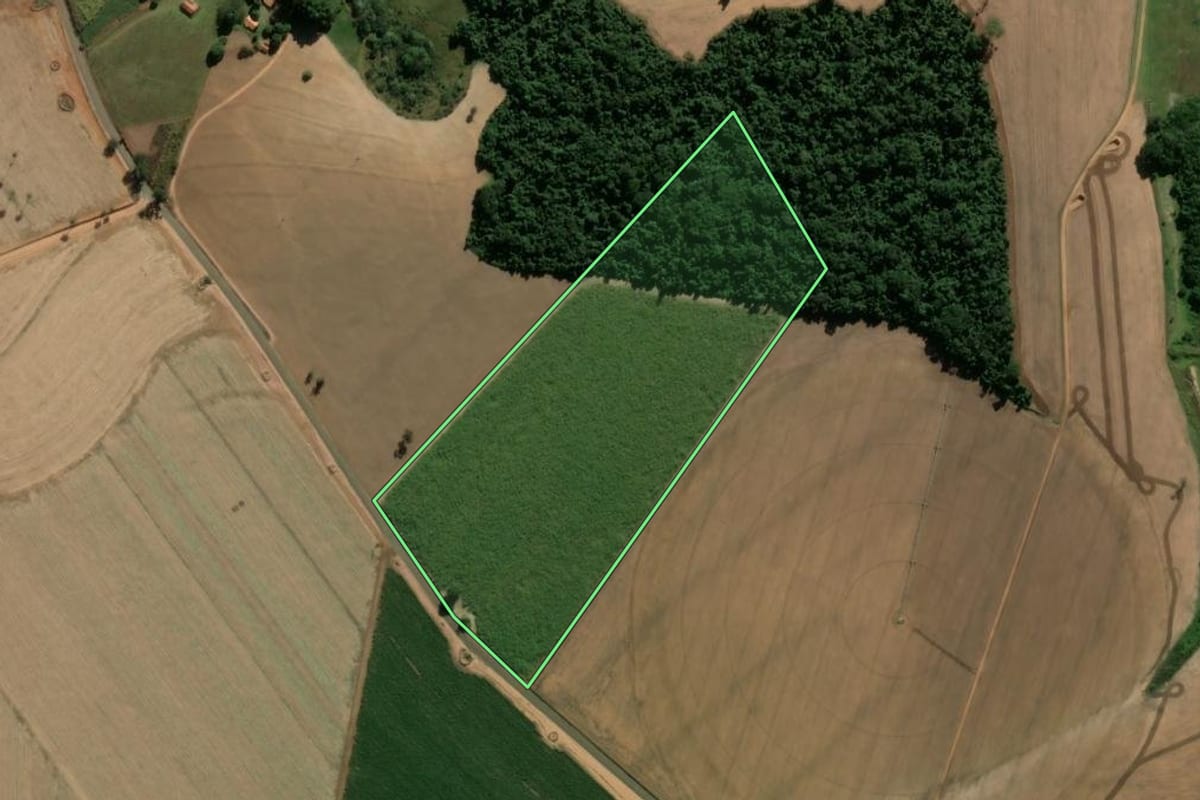 Imagem de satélite do imóvel rural em Pirassununga (SP), com o contorno declarado no CAR desenhado por cima.