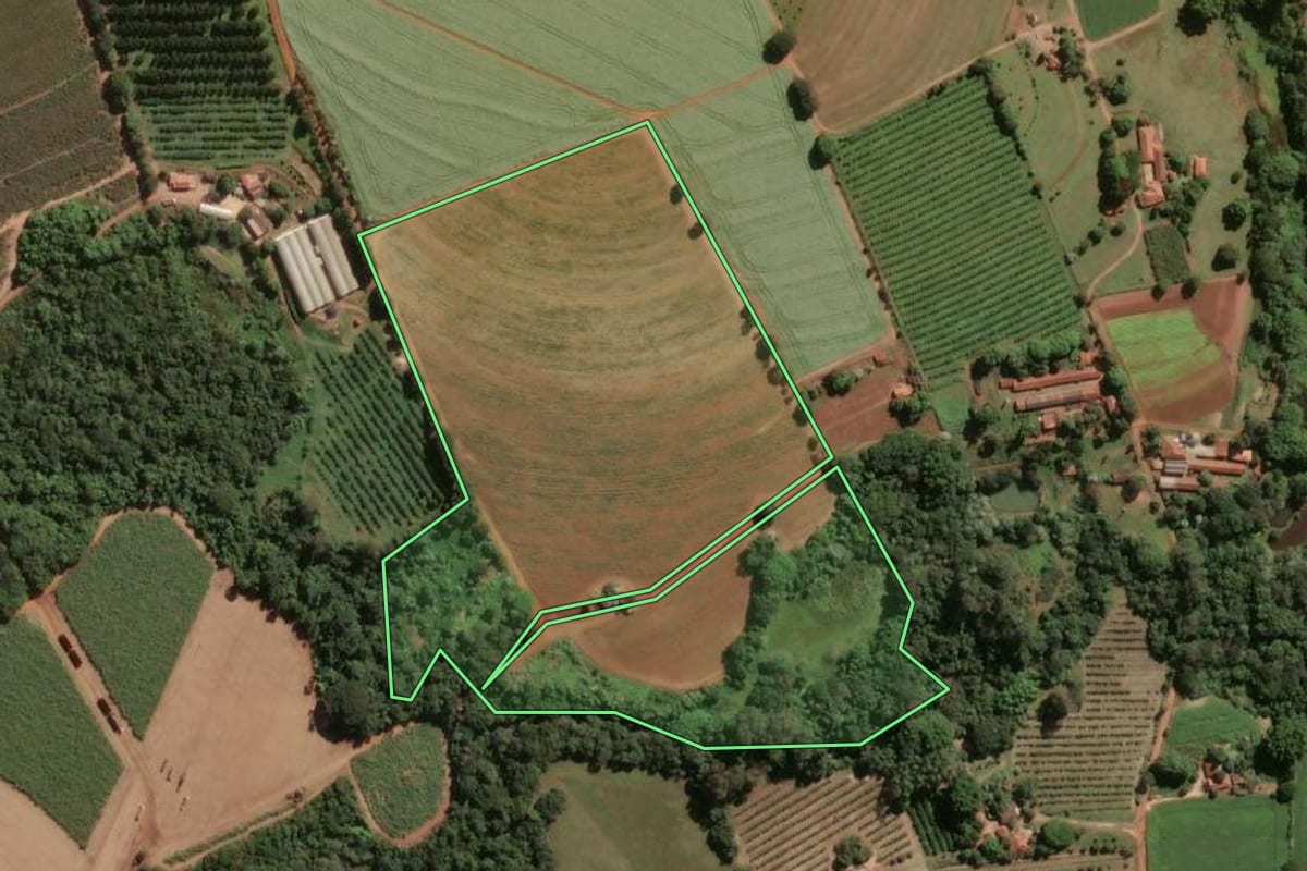 Imagem de satélite do imóvel rural em Pirassununga (SP), com o contorno declarado no CAR desenhado por cima.