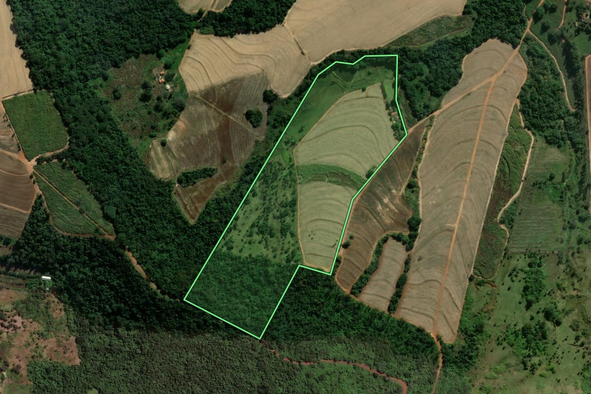 Imagem de satélite do imóvel rural em Pirassununga (SP), com o contorno declarado no CAR desenhado por cima.