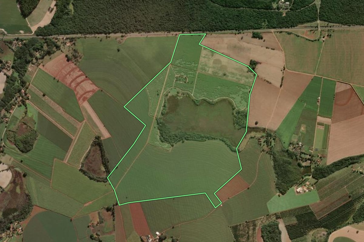 Imagem de satélite do imóvel rural em Pirassununga (SP), com o contorno declarado no CAR desenhado por cima.