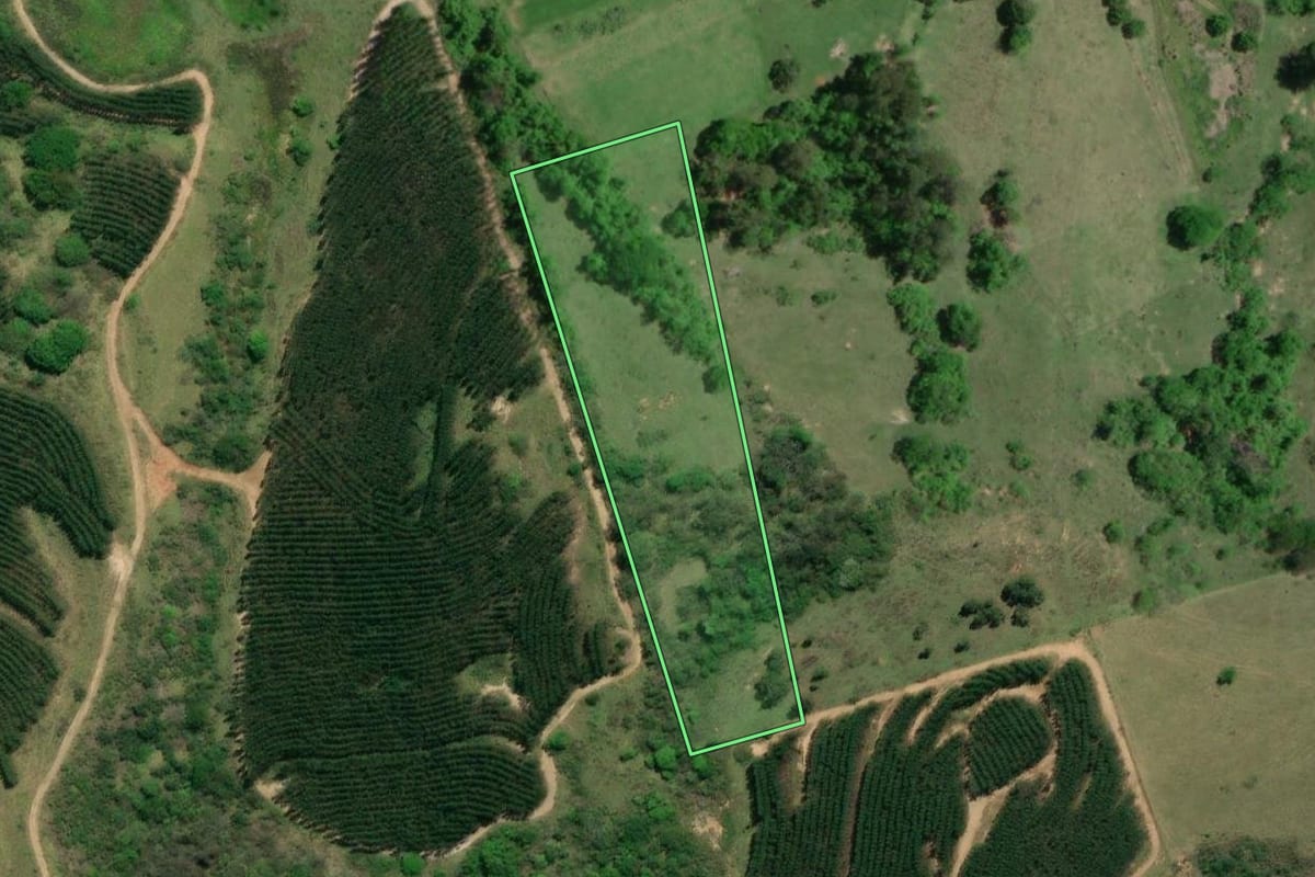 Imagem de satélite do imóvel rural em Piratininga (SP), com o contorno declarado no CAR desenhado por cima.