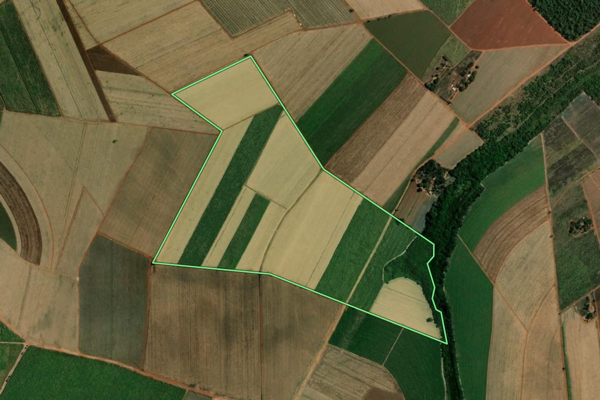 Imagem de satélite do imóvel rural em Pitangueiras (SP), com o contorno declarado no CAR desenhado por cima.