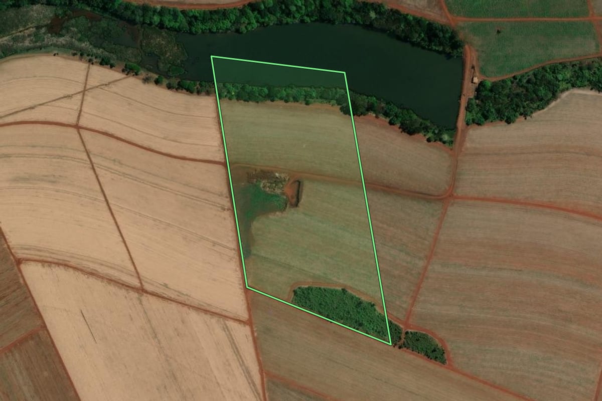 Imagem de satélite do imóvel rural em Pitangueiras (SP), com o contorno declarado no CAR desenhado por cima.