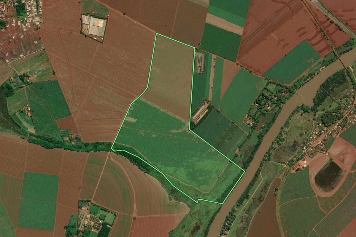Imagem de satélite do imóvel rural em Pitangueiras (SP), com o contorno declarado no CAR desenhado por cima.