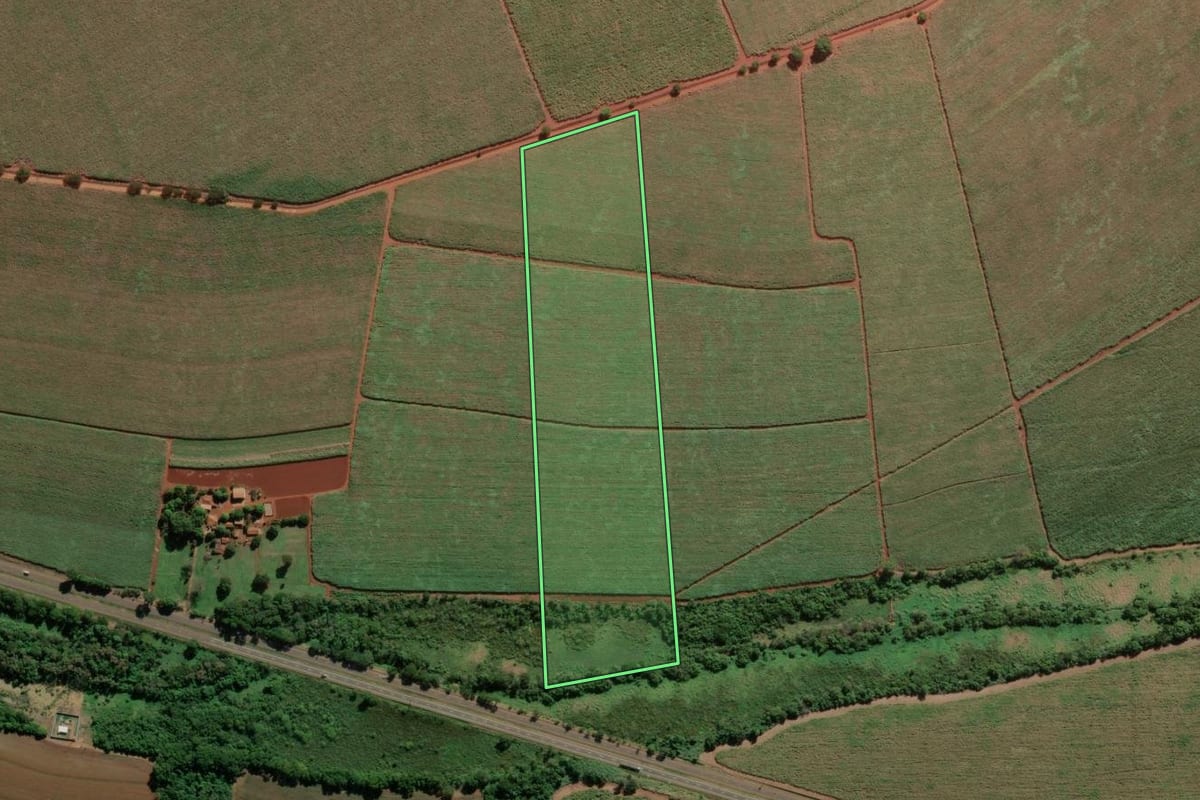Imagem de satélite do imóvel rural em Pitangueiras (SP), com o contorno declarado no CAR desenhado por cima.