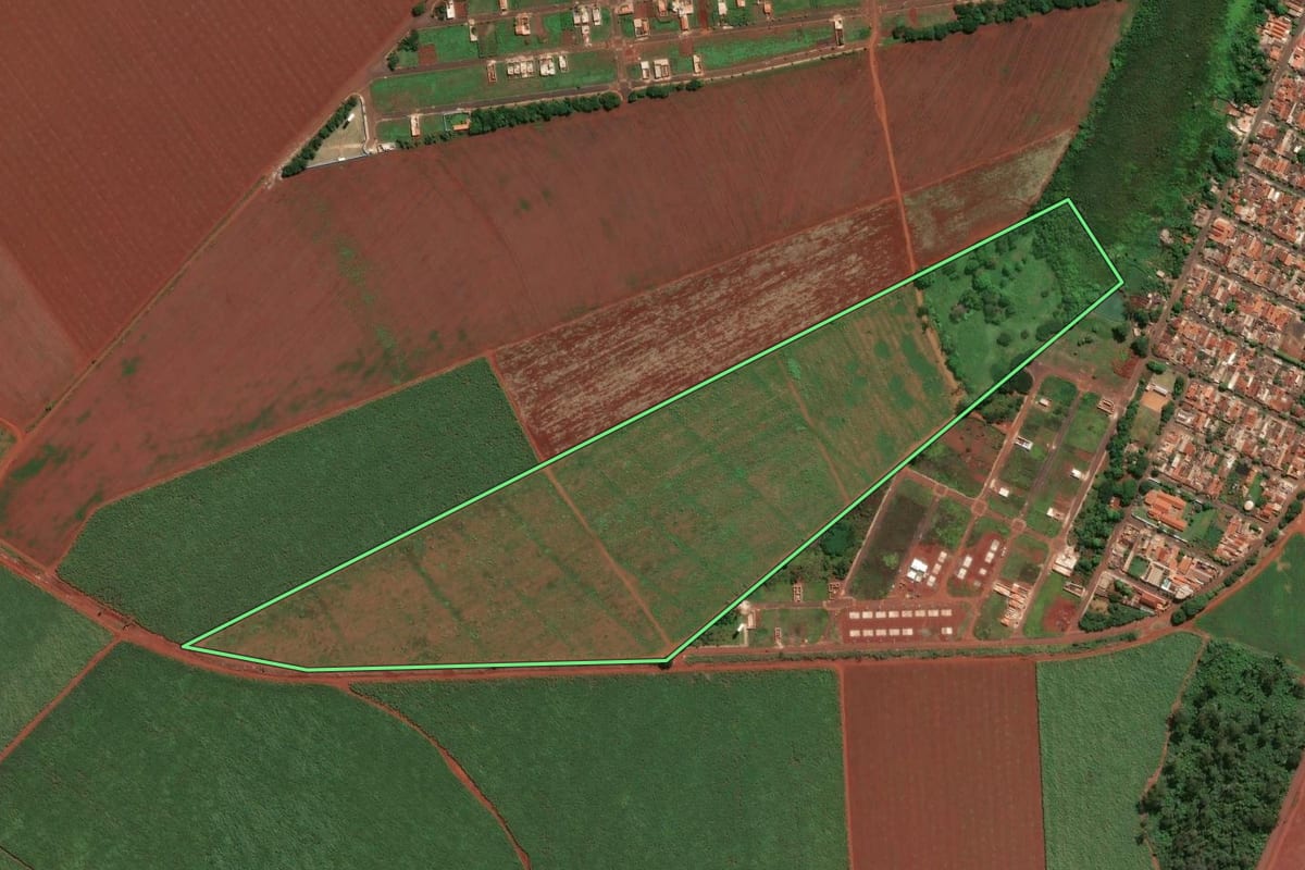 Imagem de satélite do imóvel rural em Pitangueiras (SP), com o contorno declarado no CAR desenhado por cima.