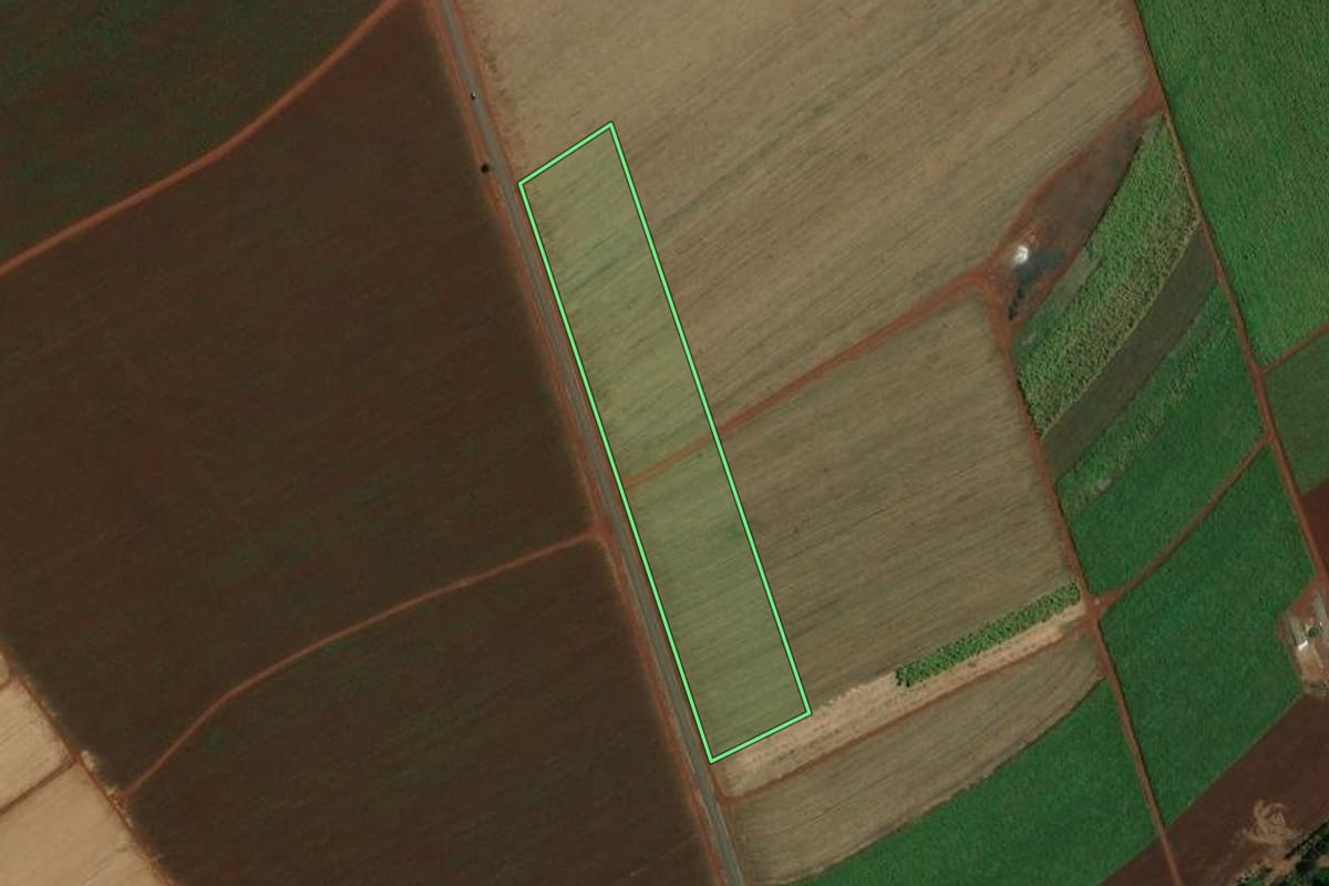Imagem de satélite do imóvel rural em Pitangueiras (SP), com o contorno declarado no CAR desenhado por cima.