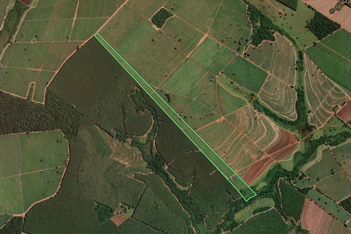 Imagem de satélite do imóvel rural em Planalto (SP), com o contorno declarado no CAR desenhado por cima.