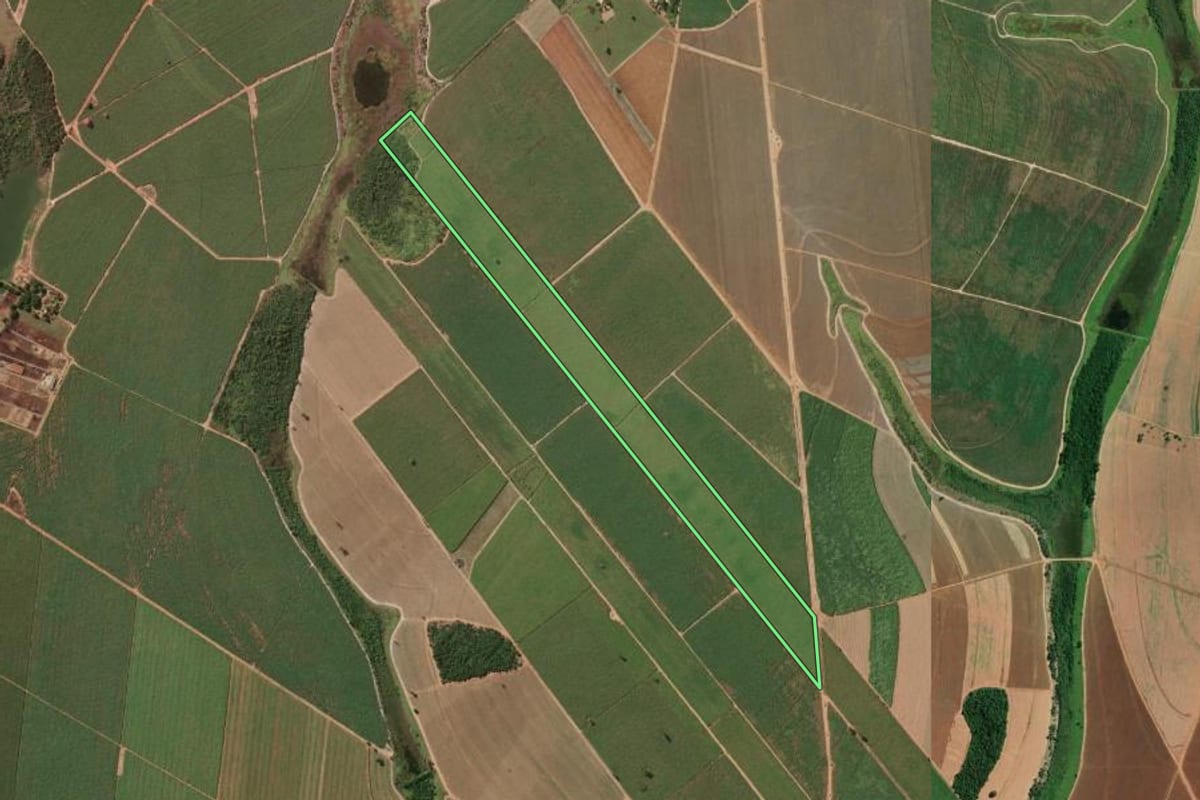 Imagem de satélite do imóvel rural em Planalto (SP), com o contorno declarado no CAR desenhado por cima.