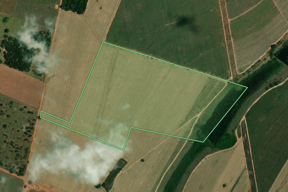 Imagem de satélite do imóvel rural em Planalto (SP), com o contorno declarado no CAR desenhado por cima.
