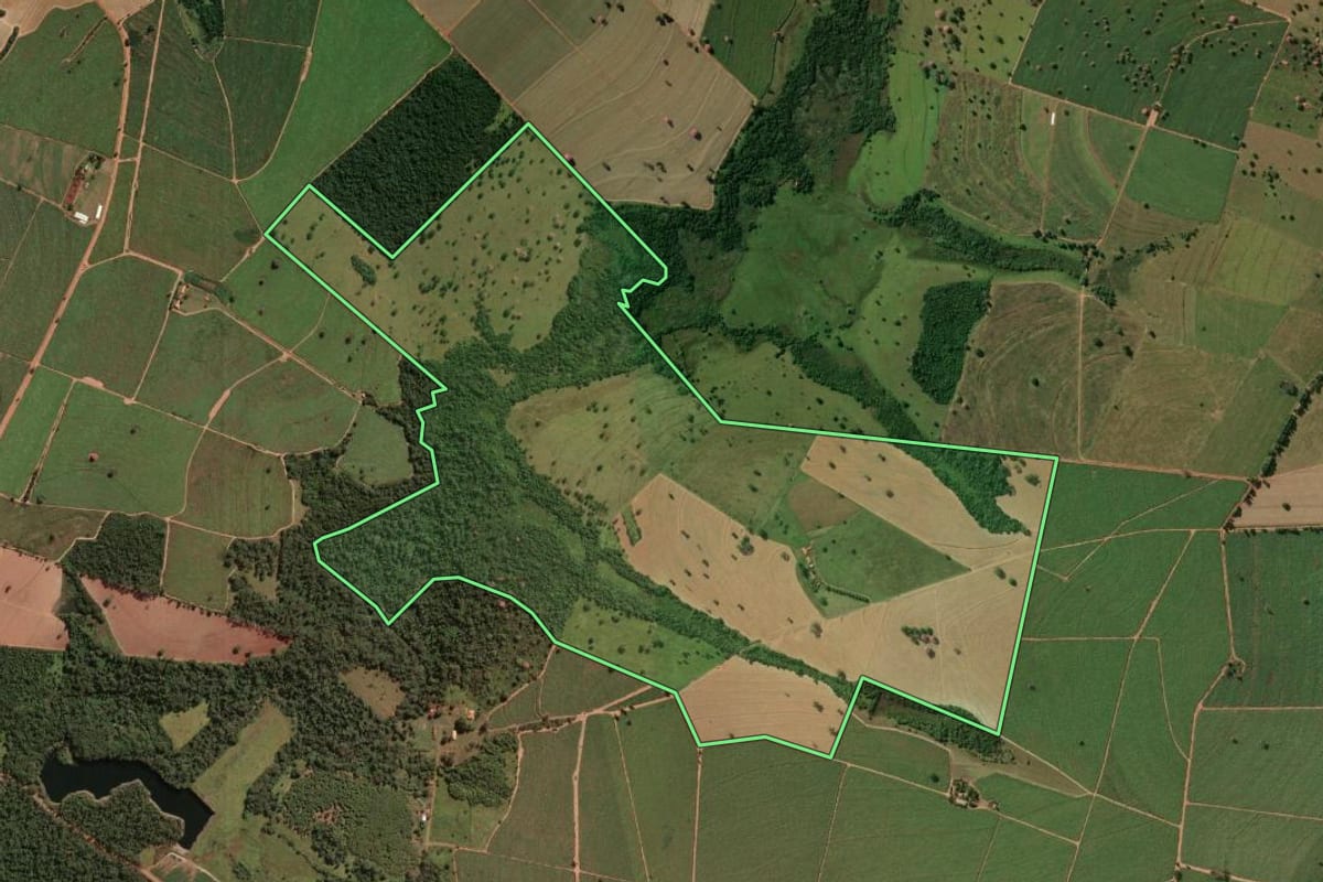 Imagem de satélite do imóvel rural em Planalto (SP), com o contorno declarado no CAR desenhado por cima.