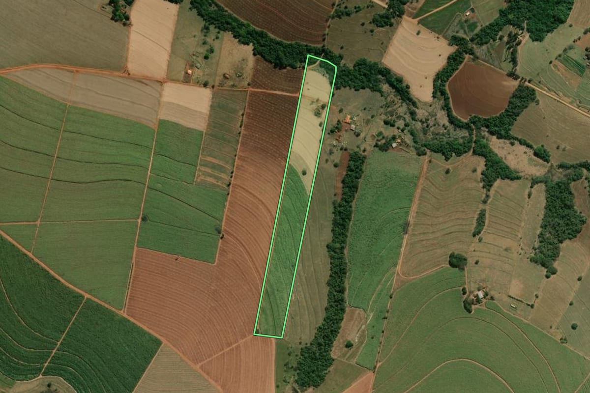 Imagem de satélite do imóvel rural em Platina (SP), com o contorno declarado no CAR desenhado por cima.