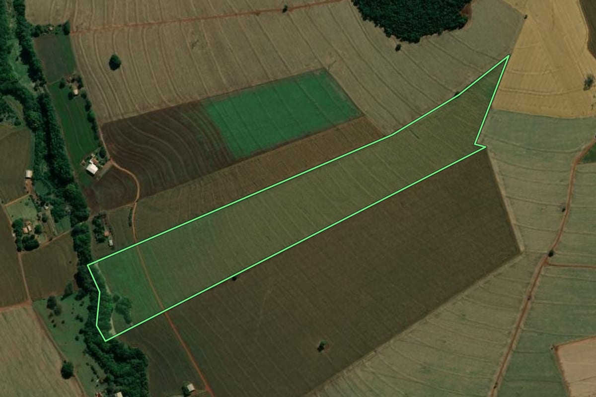 Imagem de satélite do imóvel rural em Platina (SP), com o contorno declarado no CAR desenhado por cima.