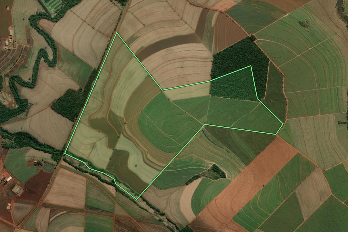 Imagem de satélite do imóvel rural em Platina (SP), com o contorno declarado no CAR desenhado por cima.