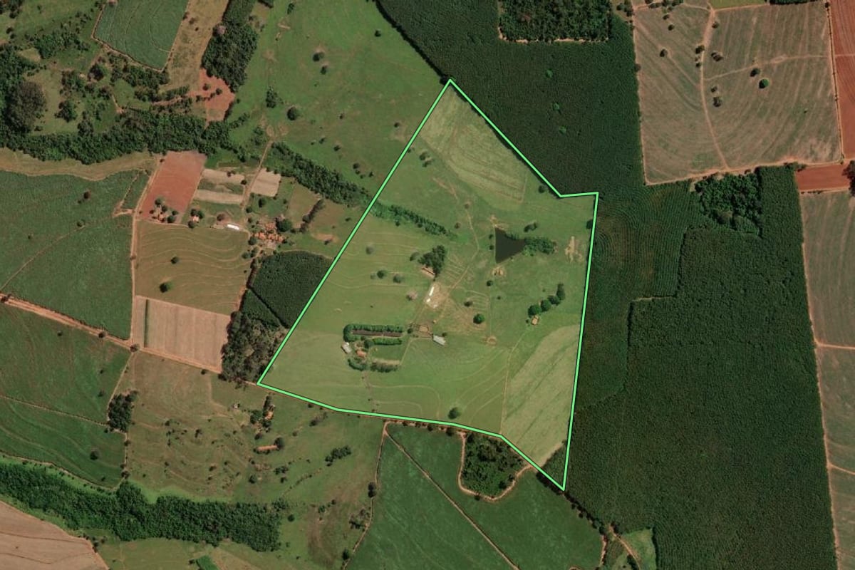 Imagem de satélite do imóvel rural em Poloni (SP), com o contorno declarado no CAR desenhado por cima.