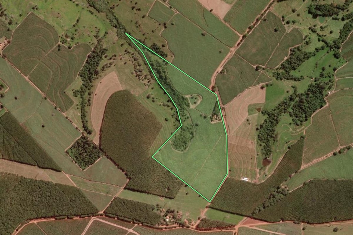 Imagem de satélite do imóvel rural em Poloni (SP), com o contorno declarado no CAR desenhado por cima.