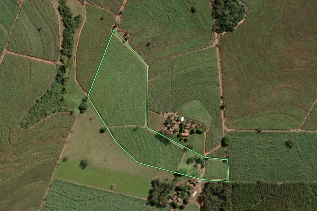 Imagem de satélite do imóvel rural em Poloni (SP), com o contorno declarado no CAR desenhado por cima.