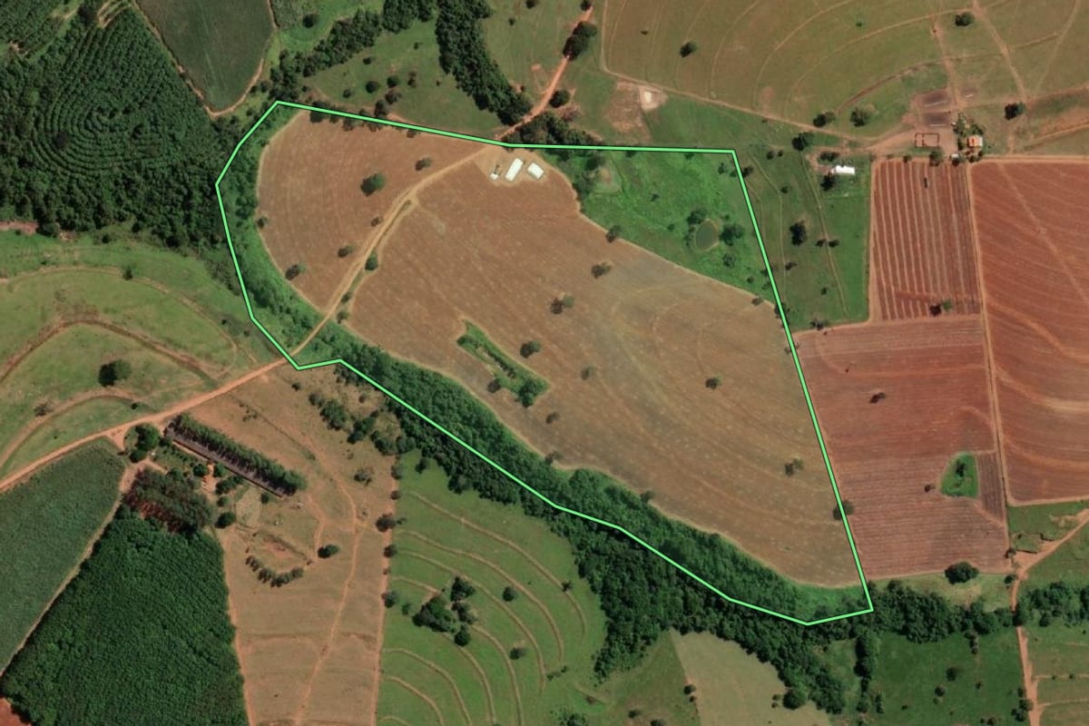 Imagem de satélite do imóvel rural em Poloni (SP), com o contorno declarado no CAR desenhado por cima.