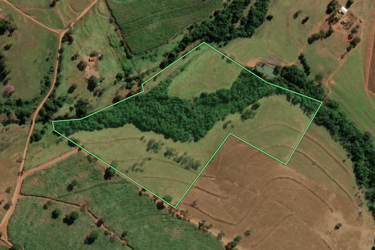 Imagem de satélite do imóvel rural em Poloni (SP), com o contorno declarado no CAR desenhado por cima.